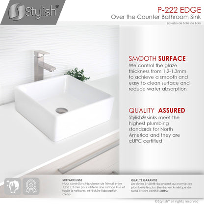 Stylish Edge 15" x 15" Square Vessel Bathroom Sink Enamel Glaze Finish P-222 - Renoz