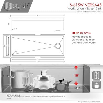 Stylish Versa45 45" x 19" Ledge Workstation Single Bowl Undermount 16 Gauge Stainless Steel Kitchen Sink with Built in Accessories S-615W - Renoz