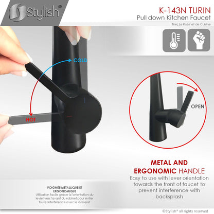 Stylish Turin 17" Kitchen Faucet Single Handle Pull Down Dual Mode Lead Free Matte Black K-143N - Renoz