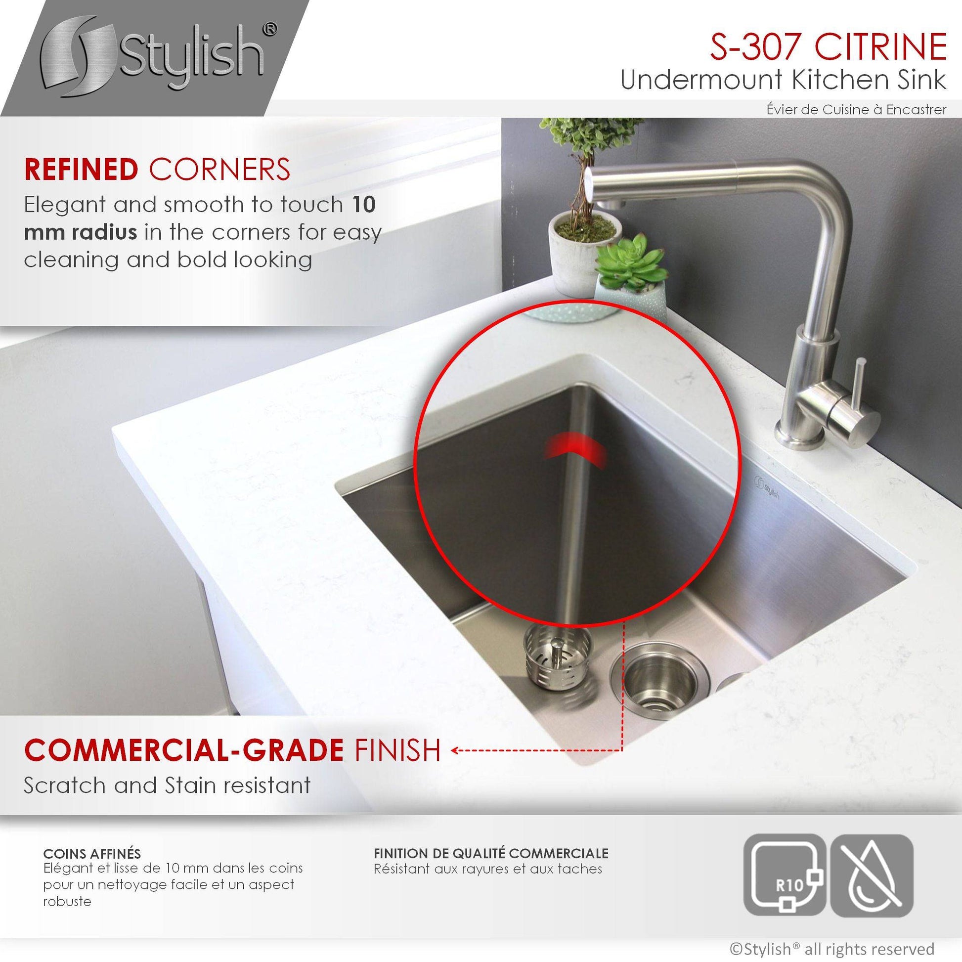Stylish Citrine 23" x 18" Single Bowl Undermount Stainless Steel Kitchen Sink S-307XG - Renoz