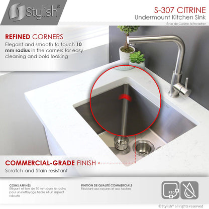 Stylish Citrine 23" x 18" Single Bowl Undermount Stainless Steel Kitchen Sink S-307XG - Renoz